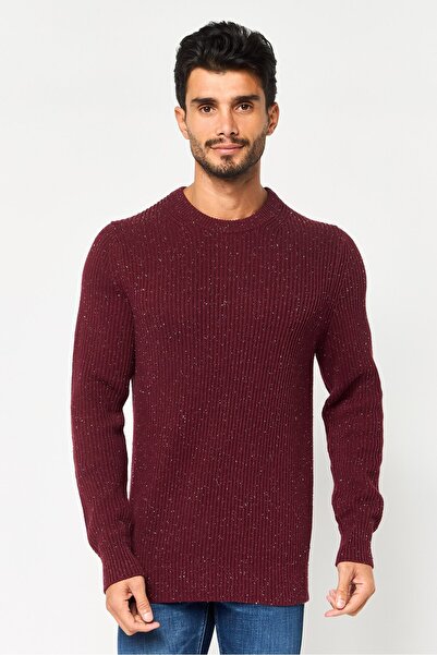 CELIO كنزة رجالية من الكروشيه بياقة مضلعة، لون عنابي