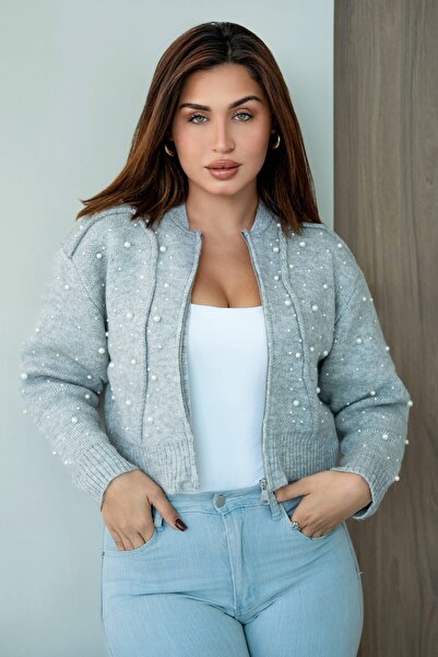 Generic Pearl Embellished Knit Zip Jacket Light Grey
