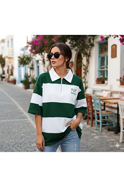 BUWOM Kadın Polo Yaka Fermuarlı NY Brooklyn Baskılı Sweatshirt