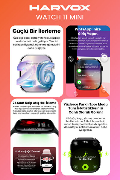 HARVOX Watch 11 Mini Akıllı Saat Hediye Dolu Kutu İçeriği 2 Kordon Bileklik ve Fular Hediyeli