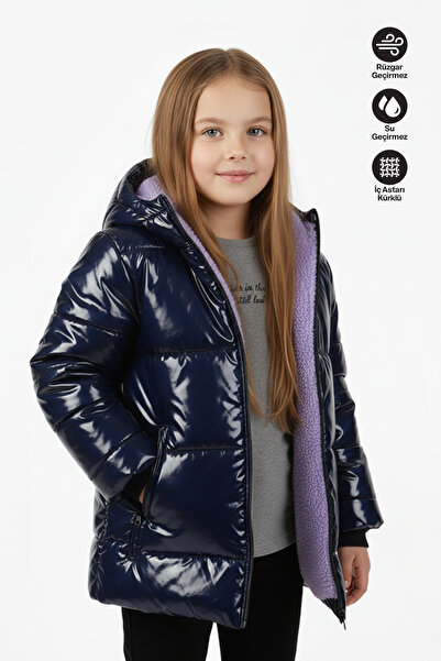 Merdia Palton pentru fetiță, rezistent la apă și vânt, cu blană în interior, K cu glugă bleumarin strălucitor