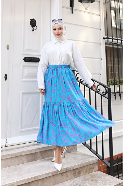 sefamerve Elastic Waist Comfortable Cut Patterned Skirt 0227D-01 Turquoise