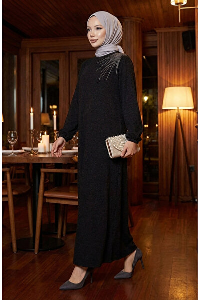 sefamerve din material subțire Rochie hijab din țesătură de iarnă brodată cu piatră 2181-04 Negru