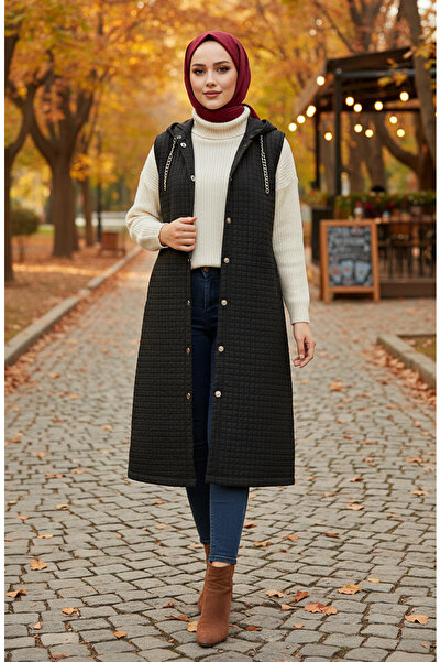 sefamerve Hooded Button Diamond Pattern Quilted Vest 51340-02 Black