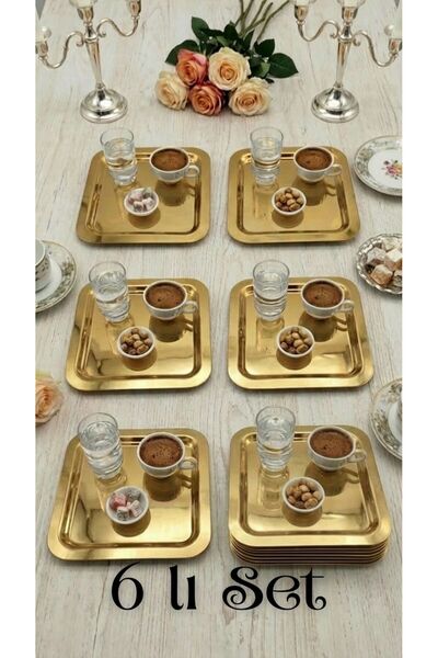 Fabrication 6'li Lüks Paslanmaz Çelik Kare Sunum Tepsisi Seti Gold ve Gümüş S...