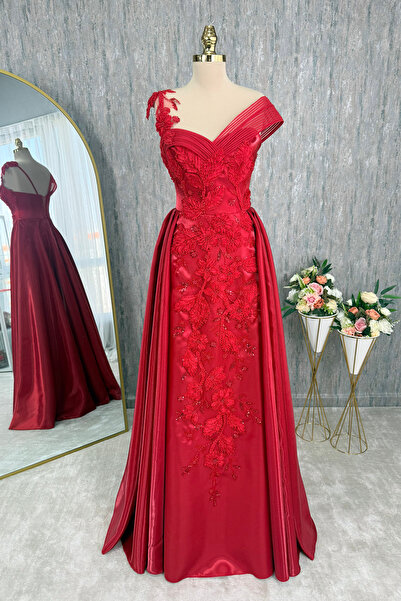 Lenta Moda Kırmızı Çiçekli Dantel Kaplama Lizbon Saten Abiye Ve Gece Elbisesi