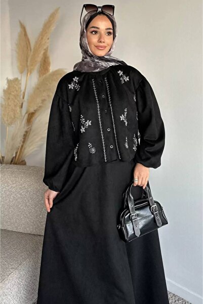 DİLARA GİYİM طقم من قطعتين: جاكيت من جلد الغزال المطرز بالحجر وتنورة بخصر مطا...