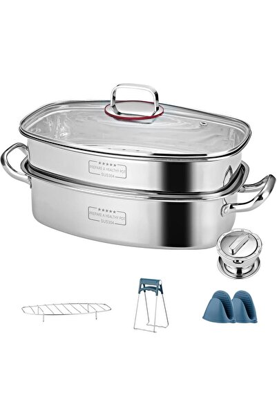 Arabest قدر بخار مربع متعدد الاستخدامات من طبقتين، مع رف، ورافعة صينية، وأغطية للأصابع، وصحن سيراميك، وقفازات فرن.