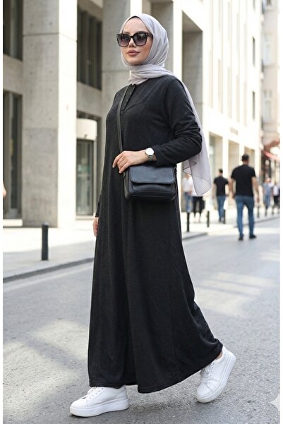 sefamerve Knitted Fabric Winter Hijab Dress with Button Detail 2184-01 Black