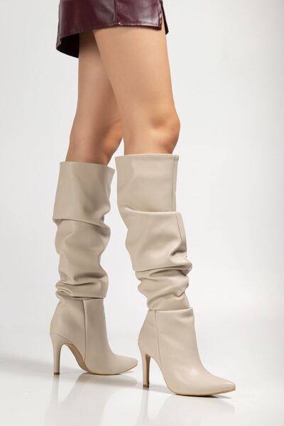 İnfon Ayakkabı Marketi Women's Bootssyt-2003 Beige Bellows Thin Heeled Casual...