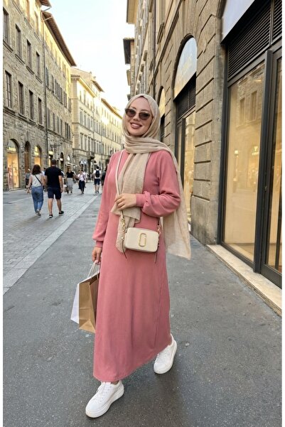 sefamerve Ruched Detail Pleated Hijab Dress 2187-01 Powder