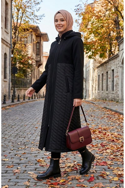 sefamerve Plus size Hooded cashmere coat 6340-01 black