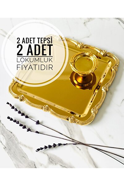 Melinda 2 Adet Fiore Kare Tepsi- 2 Fiore Lokumluk Gold-Gold Çay Kahve Servis ...