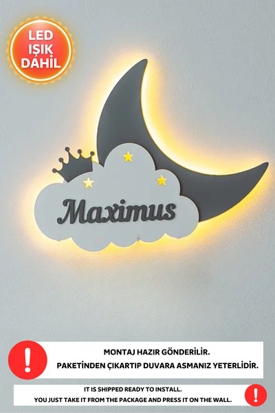 Dekorvin 1 Adet Kişiye Özel Bulut ve Ay Led Işık Gece Lambası Bebek Çocuk Oda...