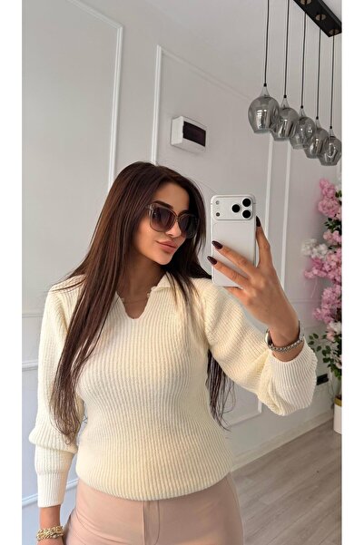 Daves Örme Triko Polo Yaka Kazak -Beyaz