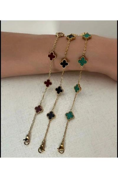 GUNESTAKI Özel Seri Mini Gold Bordo Siyah Yeşil Üçlü Yonca Bileklik Seti