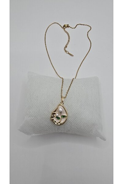 NO NAME Stainless Steel Pink Base Pearl Stone Gold Color Necklace