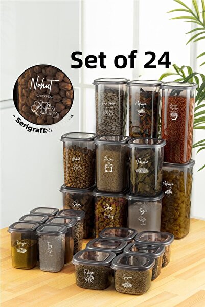 Vienev Complete set of 24 square, white screen-printed, labeled Peggy food seasonings with spoon,