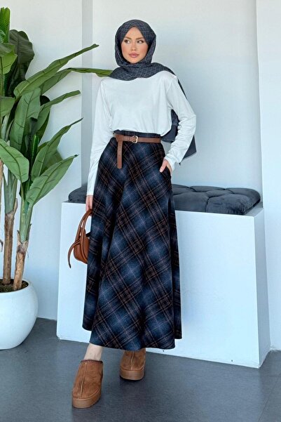 Hazamoda Plaid Skirt Navy Blue