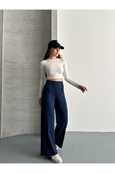 eyyebelle بنطلون نسائي من قماش سالونيك بخصر مطاطي