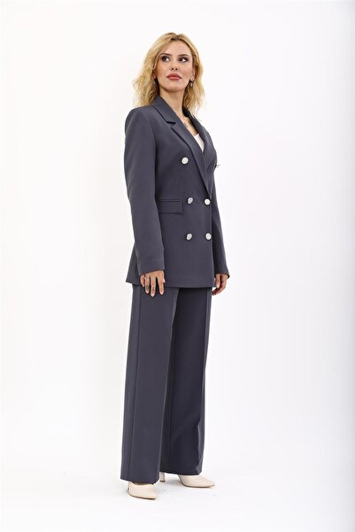 ÖNDER ÖZSOY بدلة رجالية بأزرار على الجهتين سترة بليزر وبنطلون واسع الساق للنس...