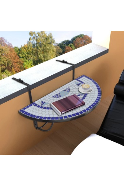 vidaxl Hanging Balcony Table Blue and White Mosaic
