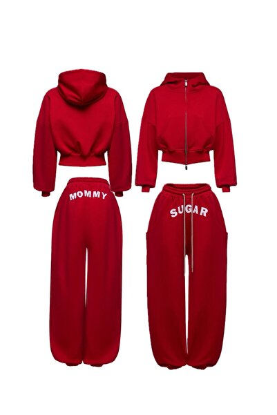 CAN ÇAPAR Printed Double Red Tracksuit Bottom-Upper Set
