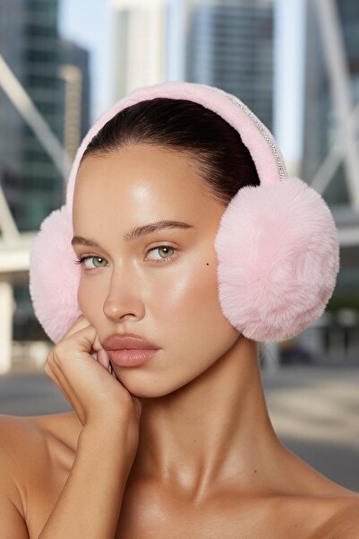 TAKIŞTIR Pink Color Plush Headphones with Stone Detail