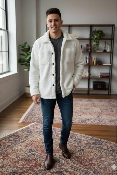 CAST COLLECTİON Men's White Buttoned Plush Jacket