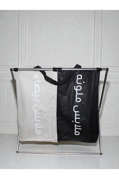 WDA Double Compartment Oxford Fabric Laundry Basket with Metal Stand – Foldable Clothes Organizer