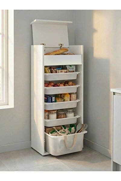 Pratico Chari Kapaklı Çok Katlı 5 Sepetli Dikey Çok Amaçlı Ekmeklik Dolabı Beyaz