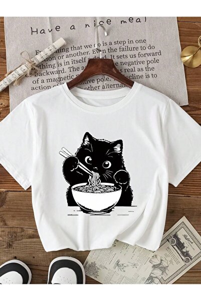ZEMLİYA Χαριτωμένο μπλουζάκι με στάμπα γάτας και νουντλς – Άνετο καλοκαιρινό ...
