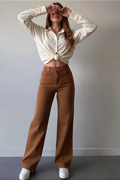 Trn JNS Pantaloni de damă maro Super talie înaltă casual material elastic cu ...