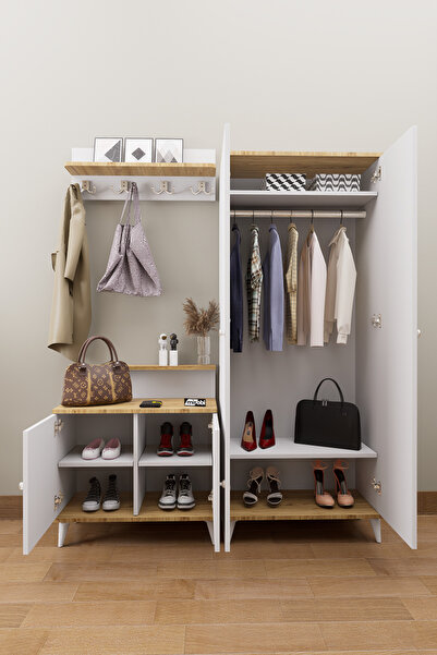 Mirobi Loft Vestiyer Takımı Askılıklı 2 Kapaklı Ayakkabılık Dolabı Beyaz Çam