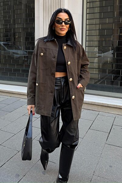 Lijuri Gabardine Jacket with Leather Detail on the Collar and Large Pockets 7079 R5-B-K2