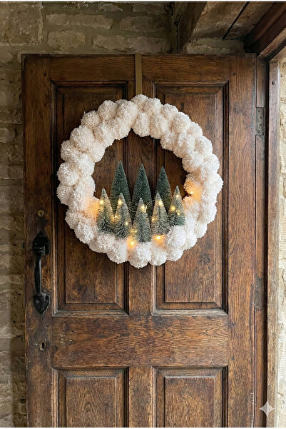 NGAHOME LED Işıklı Pamuk Ponpon Kapı Süsü – El Yapımı Kış & Yılbaşı Dekoru – 30 cm İç Çap