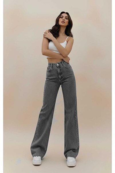Trn JNS Pantaloni de damă material elastic cu picioare largi din denim, albas...