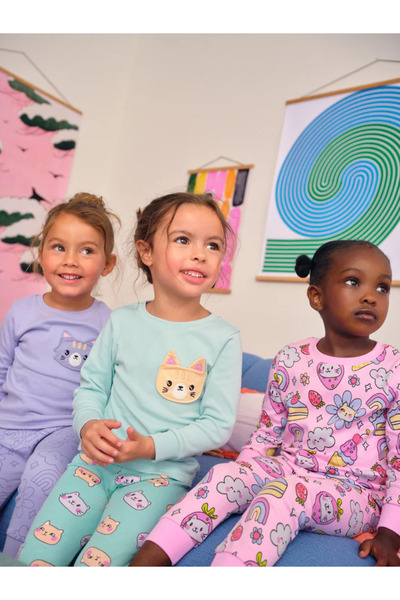 Next Baby 100% Organic Cotton Purple Cat Pattern Pajamas 3-Piece Bottom Top Set Alyay9890