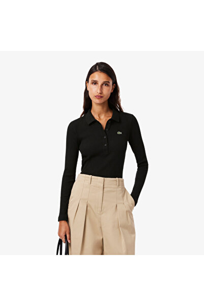 Lacoste L.12.D Kadın Slim Fit Uzun Kollu Organik Pamuk Siyah Polo