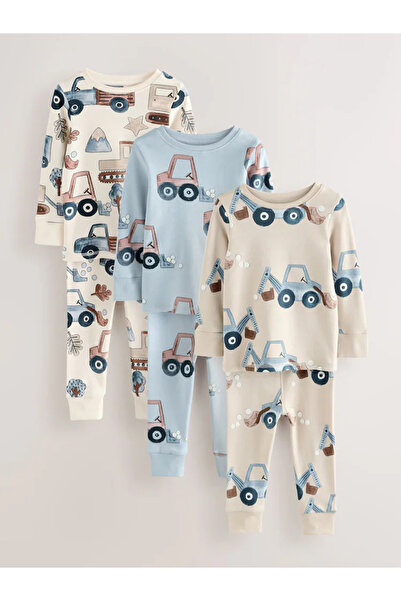 Next Baby 100% Organic Cotton Blue/Ecru Transportation Patterned Pajamas 3-Piece Top and Bottom Set Alyf75391