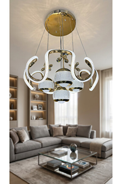 RSCOLLECTIONS Arya XL Yakamoz 4 Top Simli Slikon Modern Sarkıt Salon Avizesi Kumandalı Gold