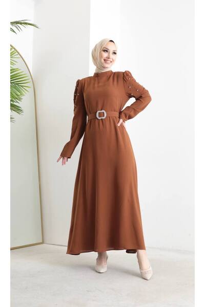 She Olive Pearl Detailed Belted Hijab Full Length Dress Brown