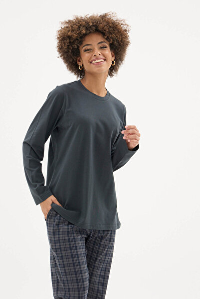 KLY Women's Crew Neck Plaid Patterned Stylish Design Pajama Set