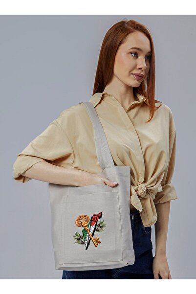 Çınar Bez Çanta 2-Pocket Filistin Anahtar Printed Gray Gabardine Bag - Gray -