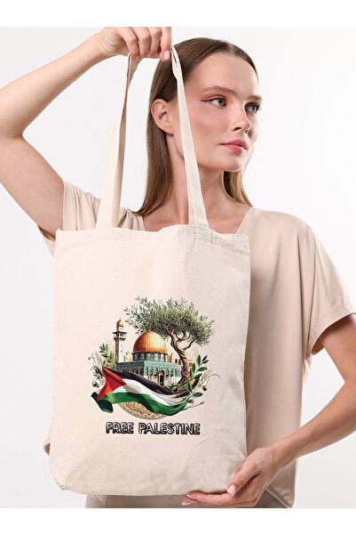 Çınar Bez Çanta Canvas Free Palestine Printed Tote Bag - Cream -
