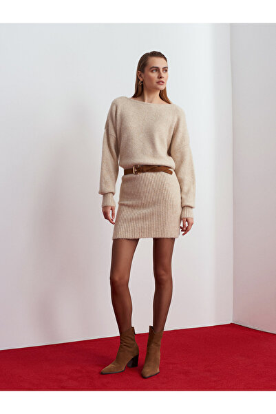 Dilvin 90268 Kayık Yaka Triko Elbise-A.Bej Mel.