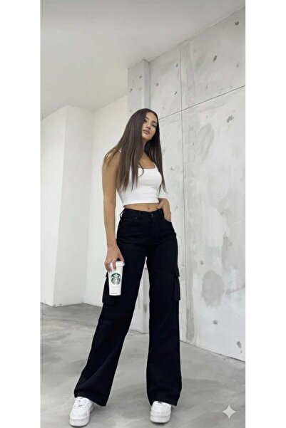 NWC Women's Black Super High Waist Loose Stretch Fabric Cargo Back Pocketless...