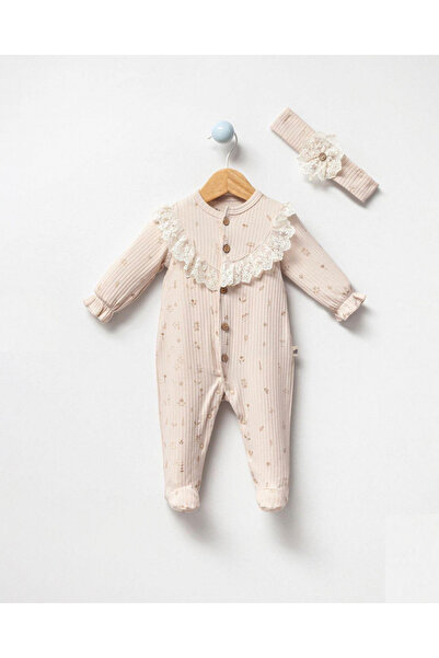 by bubbles Natural Lace Detailed Front Opening Baby Girl Romper