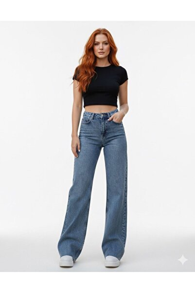 NWC بنطلون جينز نسائي متوسط ​​اللون أزرق ثلجي بخصر عالٍ جدًا وفضفاض قماش قابل...