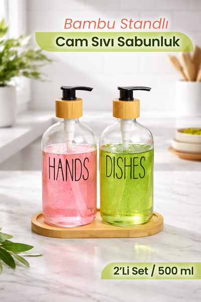 naturelove 2’li Cam Sabunluk Seti - Bambu Standlı Banyo ve Mutfak Düzenleyici...